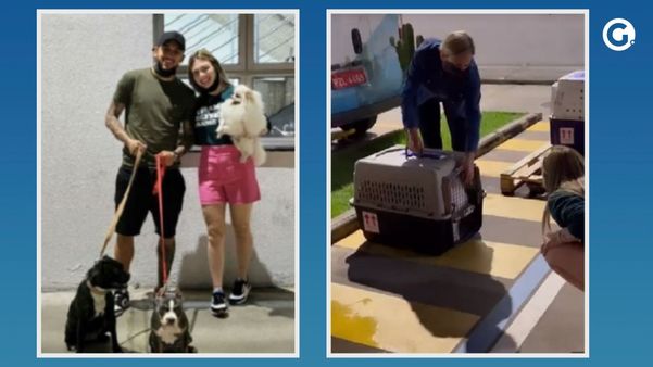 Lyarah ao lado do marido com os pets que estavam na Ucrânia