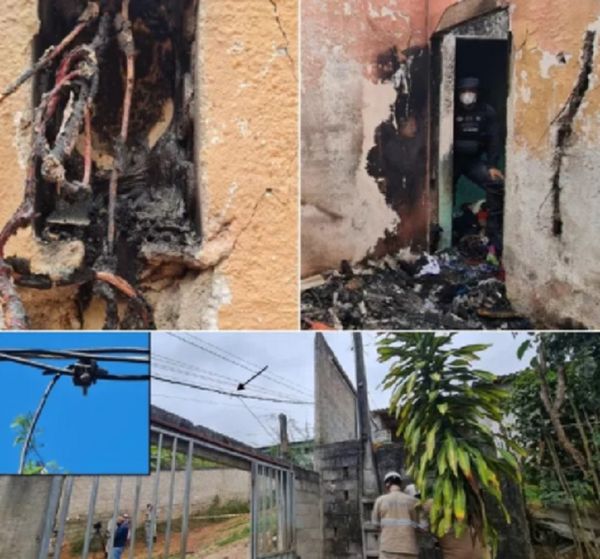 Imagens divulgadas pela Polícia Civil mostram o emaranhado de fios em um só ponto de energia elétrica, a situação do quarto após o incêndio e a ligação irregular por onde era capturada a distribuição elétrica de um poste 