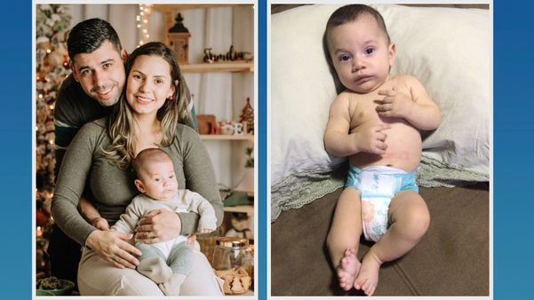 À esquerda, o Gael ao lado da mamãe Luanda e do papai Natã; à direita, o pequeno, que nasceu em Castelo