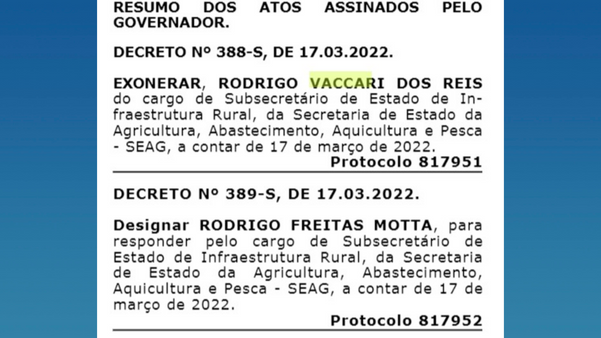 Exoneração publicada no Diário Oficial desta sexta-feira (18)