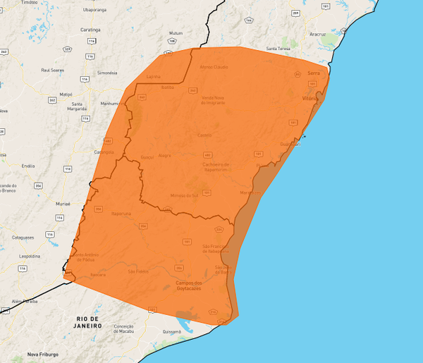 Alerta é válido para 45 municípios do ES, além do Norte do RJ e parte de MG