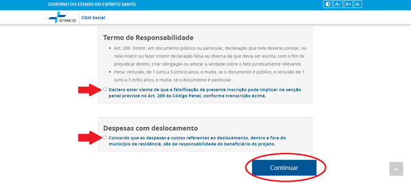 É necessário concordar com os termos antes de clicar em CONTINUAR