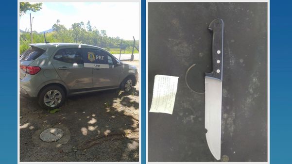 À esquerda, o carro roubado pelo suspeito e recuperado pela PRF; à direita, a faca que o criminoso usou para ameaçar a vítima