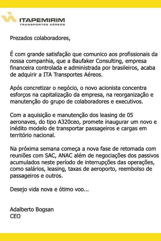 Comunicado enviado aos funcionários da ITA