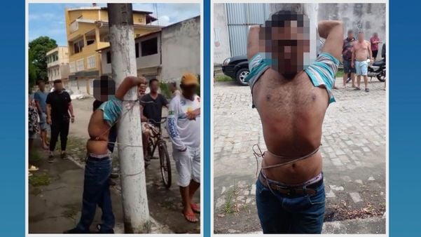 Suspeito de assalto é amarrado em poste no bairro Cobilândia, em Vila Velha