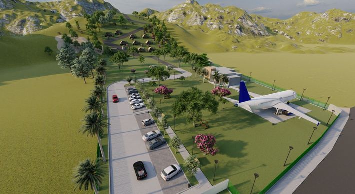 Aeronave de 20 metros de comprimento vai virar suíte e será destinada à locação. Imagens também mostram ainda estacionamento, chalés e áreas arborizadas