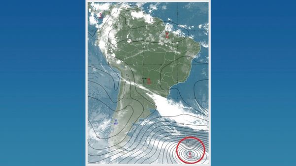 Área destacada em vermelho mostra o campo de pressão atmosférica na manhã desta quinta-feira (28)