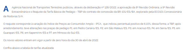 Informações sobre pedágio no site da ANTT