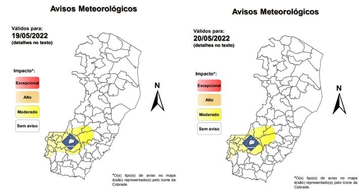 Aviso, que prevê impacto moderado nas áreas mais elevadas e engloba parte das regiões Sul e Serrana do Estado, é valido para quinta (19) e sexta-feira (20)