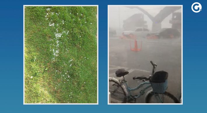 Imagens feitas por moradores mostram a força da tempestade, que derrubou árvores e arrastou mesas de um estabelecimento comercial para o meio do asfalto na tarde desta terça (17)