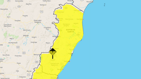 Mapa mostra todo o Espírito Santo classificado com o alerta amarelo, de perigo potencial para tempestades