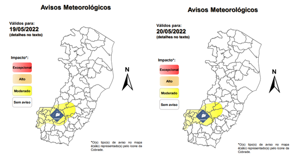 Municípios com risco maior para geada estão dentro da área sinalizada em amarelo nos mapas acima