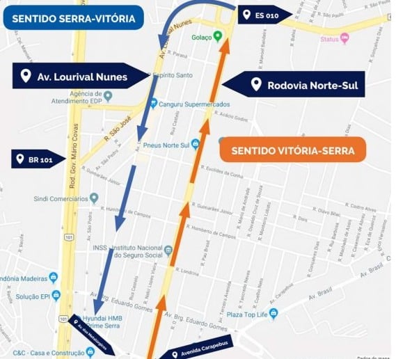 Binário na rodovia Norte-Sul, nos sentidos Serra-Vitoria e Vitoria-Serra.