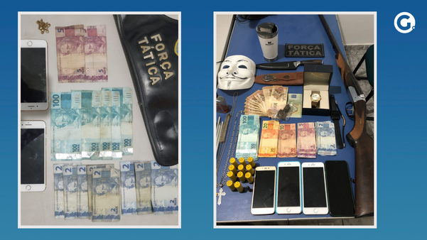 Materiais apreendidos pela PM com envolvidos no crime