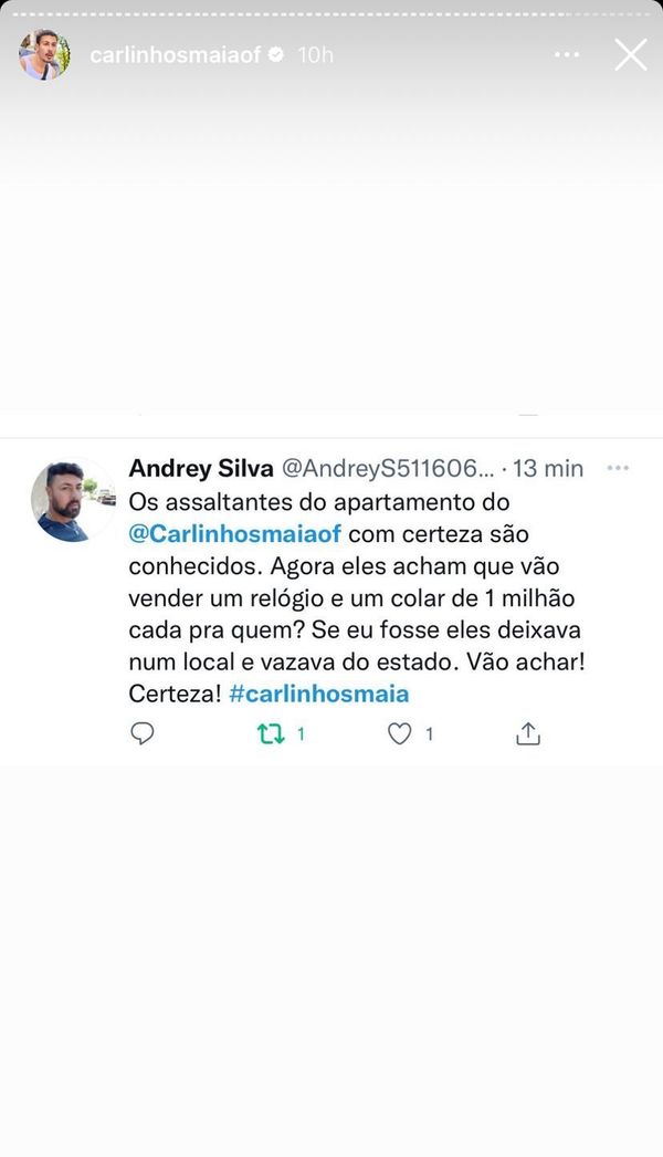 Carlinhos Maia repostou o tweet do capixaba Andrey Silva