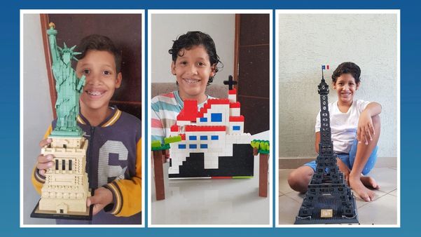 Davi de Oliveira Garcia já montou a Estátua da Liberdade (à esquerda), o Convento da Penha (no meio) e a Torre Eiffel (à direita)