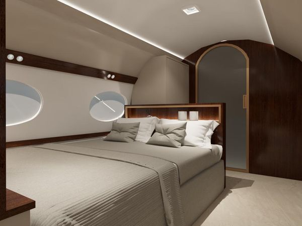 Projeto apresenta o quarto com a cama de casal do avião-suíte por Divulgação | Joarez Sofiste