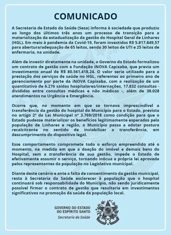Governo do ES desiste de estadualização do HGL, em Linhares
