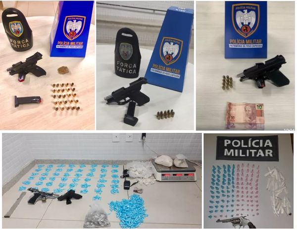 Armas e drogas apreendidas por policiais militares em Cariacica .