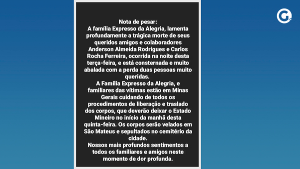 Nota de pesar publicada por grupo em que vítimas atuavam