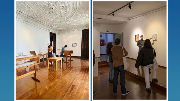 Fotos do interior do Museu do Falso, em Lisboa; visitantes recebem informações sobre a não veracidade histórica das obras do local
