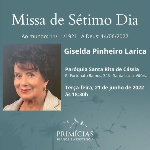 Missa de sétimo dia de Giselda Pinheiro Larica será nesta-feira (21).