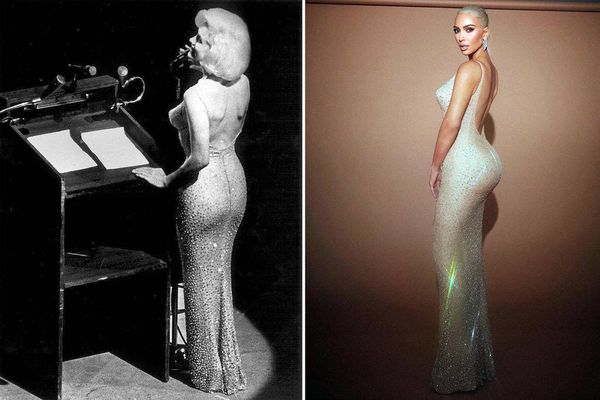 À esquerda, Marilyn Monroe canta 'Happy Birthday to You' para o então presidente dos EUA, John Fitzgerald Kennedy, em 1962; à direita, Kim Kardashian durante o Met Gala