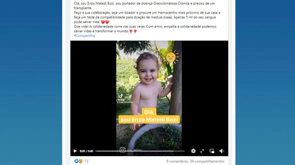 Pais de Enzo têm feito campanhas em redes sociais pedindo que as pessoas sejam doadoras.