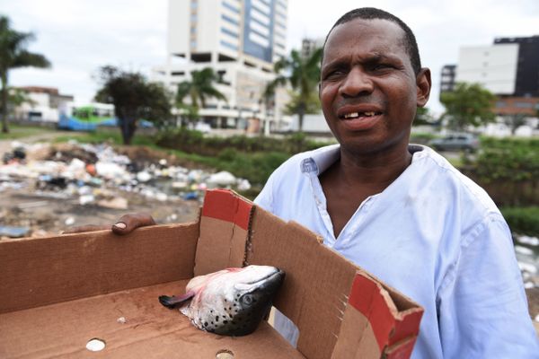 Em situação de rua, Fernando Martins mostra cabeça de peixe que vai comer por Fernando Madeira