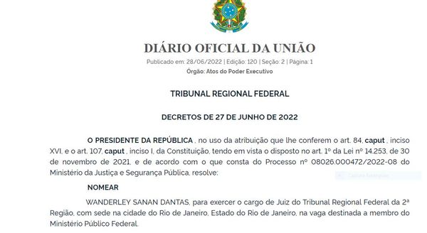 Presidente Jair Bolsonaro escolhe Wanderley Sanan Dantas para o TRF2