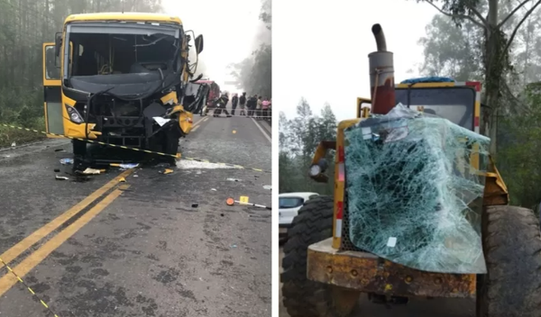 A Polícia Rodoviária de Santa Catarina investiga as causas do acidente que envolveu um ônibus escolar e uma retroescavadeira