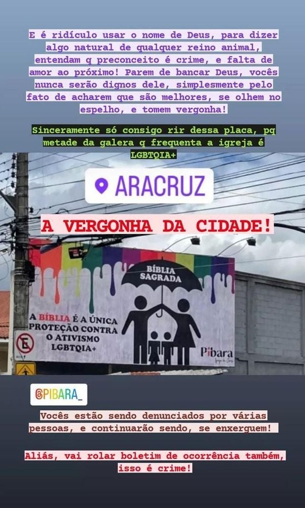 Outdoor de igreja do ES com mensagem contra ativismo LGBTQIA+ causa revolta por Redes Sociais