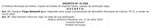 Nomeação de Tiago foi publicada no Diário de Vitória