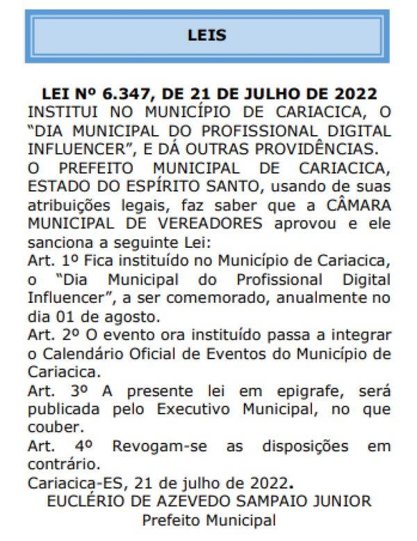 Lei foi publicada nesta quarta-feira (27) no Diário de Cariacica