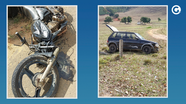 Veículos envolvidos no acidente. Moto pilotada pelo professor ficou totalmente destruída