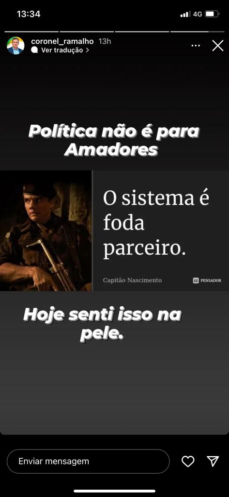 Publicação do coronel Alexandre Ramalho no Instagram após ser rifado da disputa pelo Senado