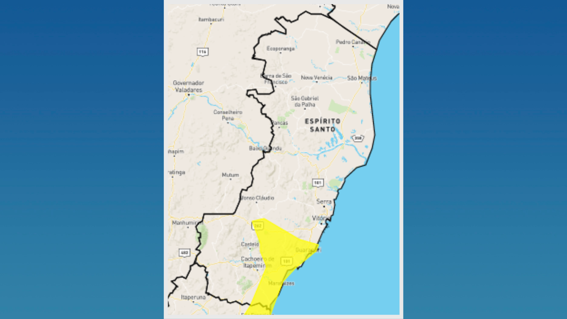 Alerta de perigo potencial para ventos em 18 cidades do Espírito Santo. Crédito:  Instituto Nacional de Meteorologia (Inmet) 