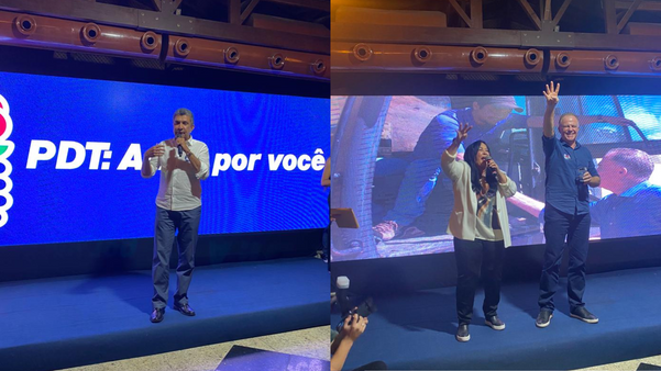 O prefeito da Serra, Sergio Vidigal (PDT), e os candidatos Rose de Freitas (MDB) e Renato Casagrande (PSB) na convenção do PDT