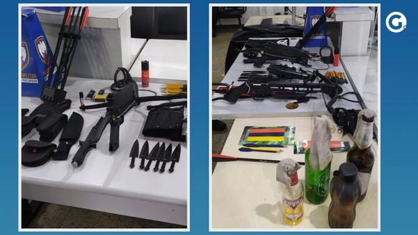 Com o detido, a polícia apreendeu facas ninjas, garrafas de coquetel molotov, flechas e outras objetos . Crédito: Divulgação | Polícia Militar