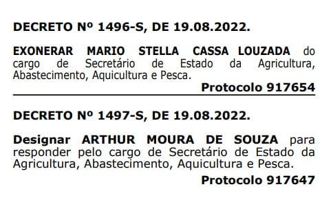 Exoneração de Mário Louzada, secretário de Estado da Agricultura