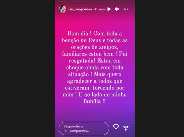 Nota divulgada pela vereadora Lari Camponesa em seu perfil no Instagram após ser resgatada de cativeiro