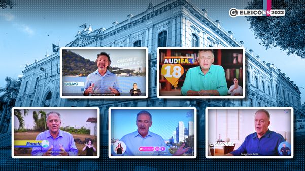 Os candidatos ao governo do ES Aridelmo, Audifax, Manato, Guerino e Casagrande durante primeiro dia de horário eleitoral