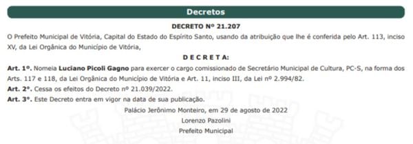 Luciano Picoli Gagno é novamente nomeado secretário de Cultura