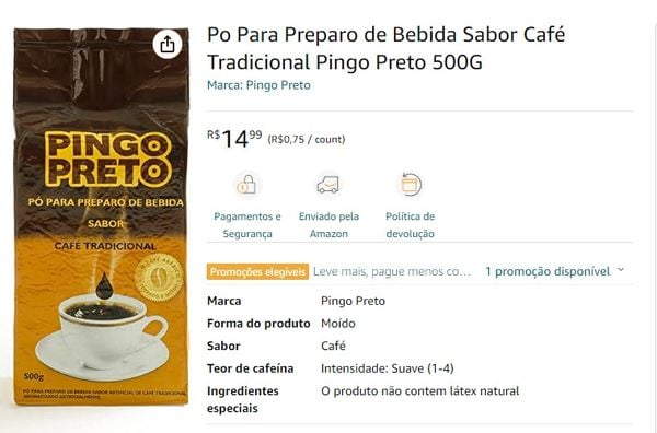 Produto vendido na Amazon com o título de Café Tradicional Pingo Sabor Café 