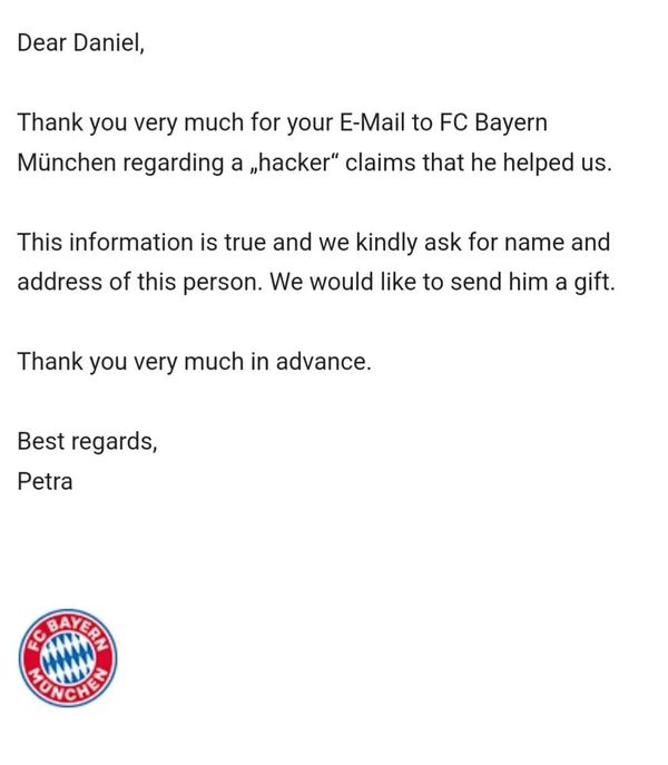 Bayern de Munique enviou carta de agradecimento ao jovem