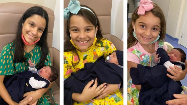  Maria Clara, de 11 anos, Mariana, de 8 anos, e Maria Elisa, de 5 anos, já foram conhecer o irmãozinho