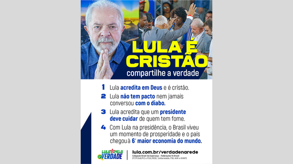 Campanha do PT desmente Fake News ligando Lula ao satanismo