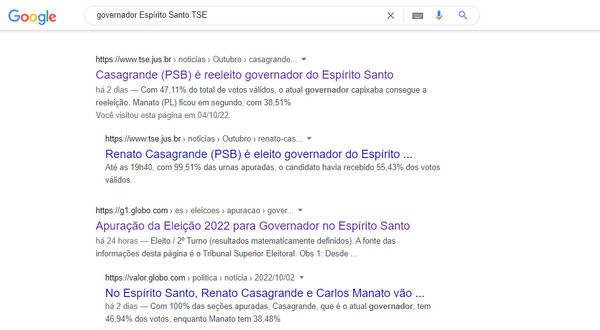 Pesquisa no Google sobre resultado da eleição no ES traz título equivocado do TSE