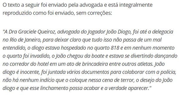 Mensagem da advogada Graciele Queiroz enviada para a reportagem do g1