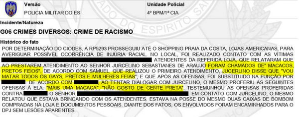 Boletim de ocorrência mostra registro das ofensas feito pelas funcionárias